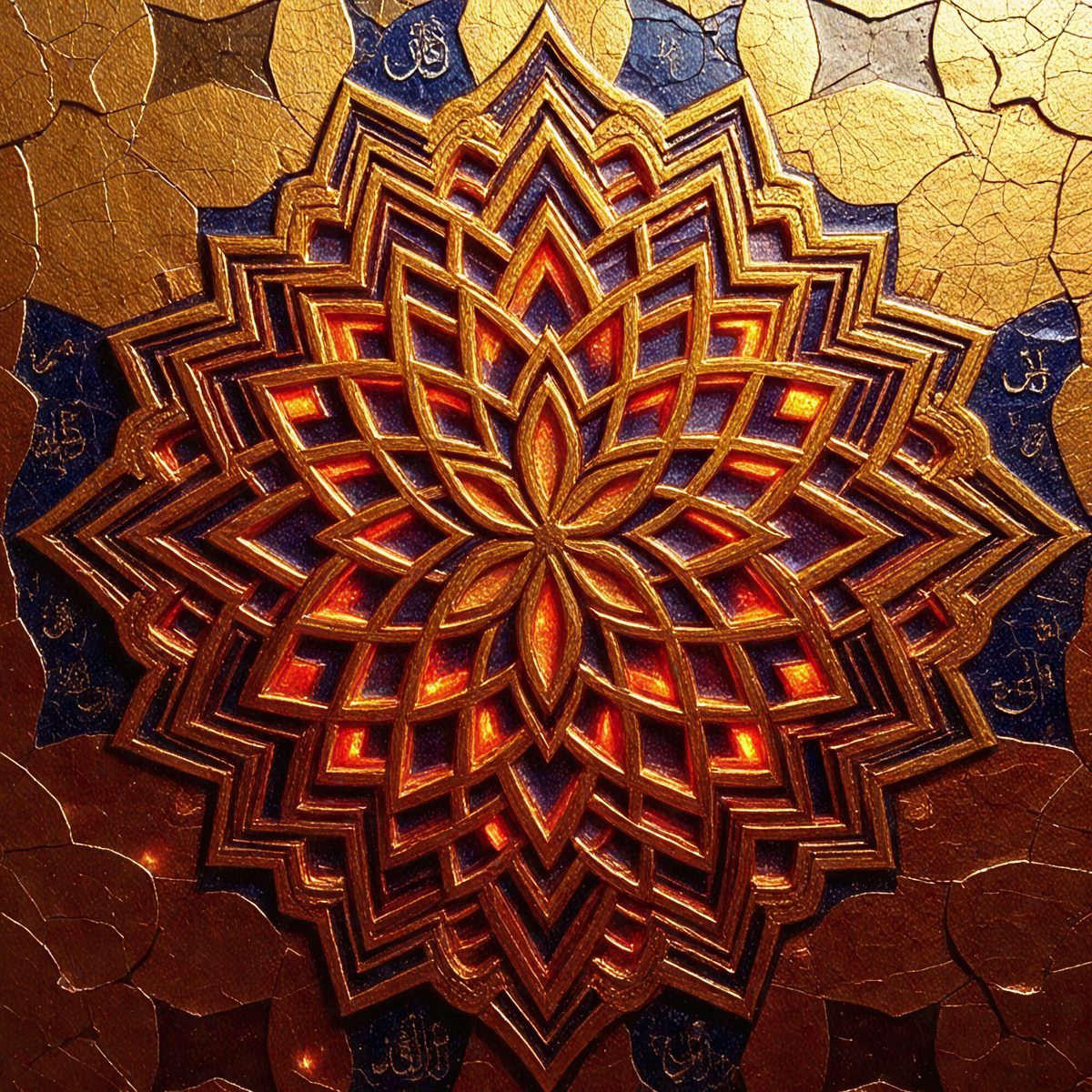 The primary subject of the image is a large, intricately designed gold and blue flower. The flower is the centerpiece of the scene, and its vibrant colors create a lively atmosphere. The setting is a wall, and the visual style appears to be a combination of digital art and illustration. The overall mood of the image is one of beauty and artistic expression.